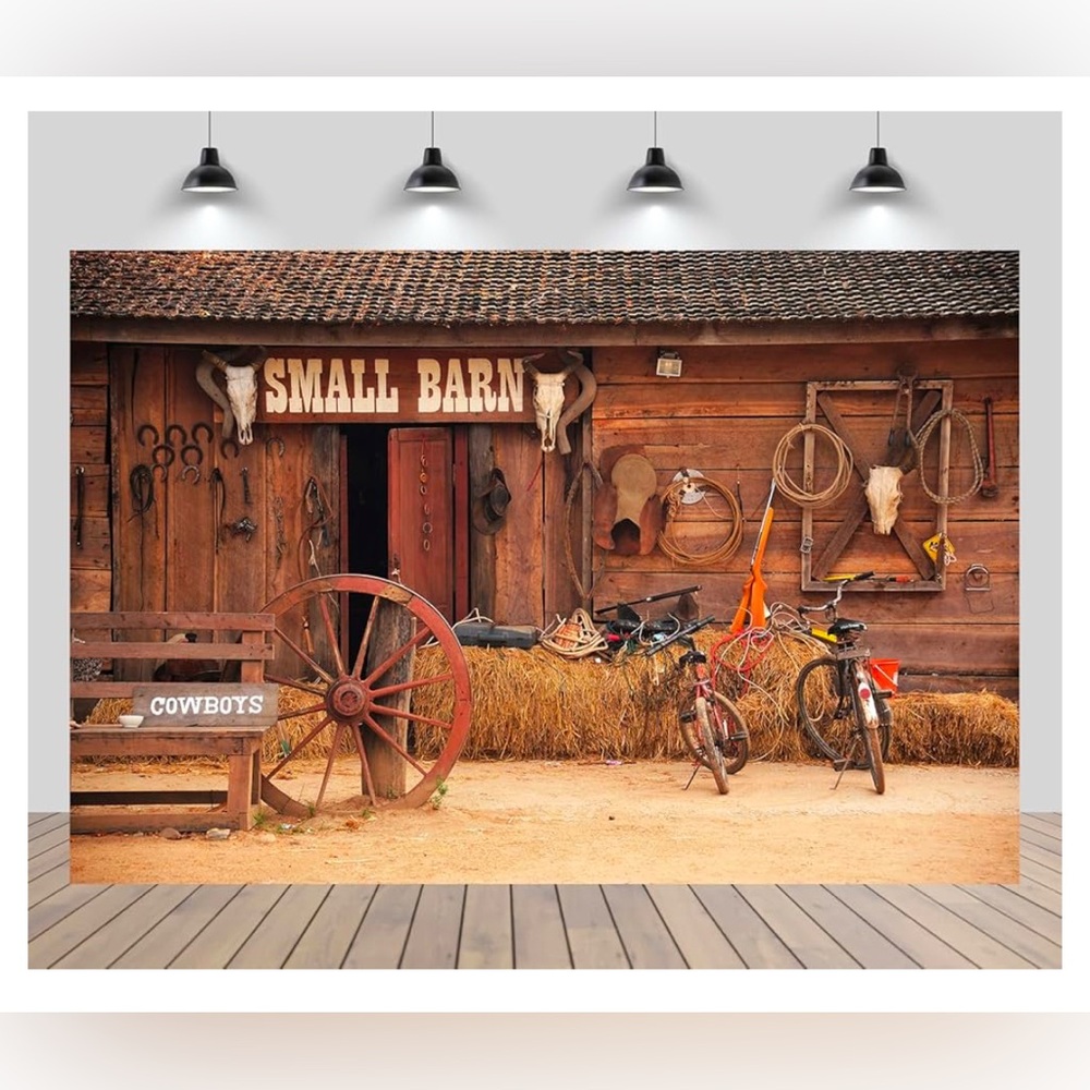 Cowboys Western Barn Backdrop, 5 x 7, 102 pc. Cowboy party kit.new